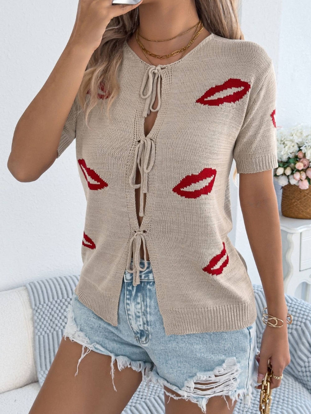 Beige Tie-Front Knit Top with Red Lip Motifs